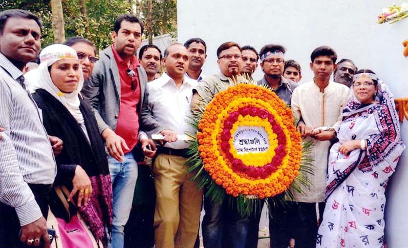 Chittagong Reporters Unity placing wreaths at Shaheed Minar on the occasion of Amar Ekushey and the International Mother Language Day on Saturday.