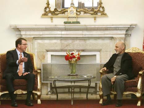 US Secretary of Defense Ash Carter with Afghan President Ashraf Ghani in Kabul on Saturday.