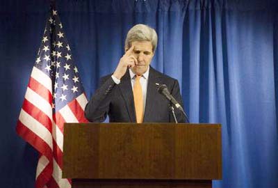 US Secretary of State John Kerry speaks during a media briefing at the US Embassy in London .