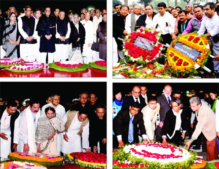 (1) Cabinet members, (2) BNP-led 20-party alliance; (3) JP members with Begum Roushan Ershad and (4) US Ambassador including other envoys placing wreaths at the altar of Central Shaheed Minar to pay homage to language Martyrs and International Mother Lang