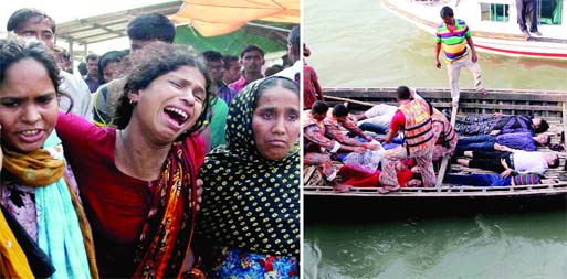 Relatives of the missing passengers wailing after the recovery of bodies from the sunken launch started at Padma River at Manikganj on Sunday.
