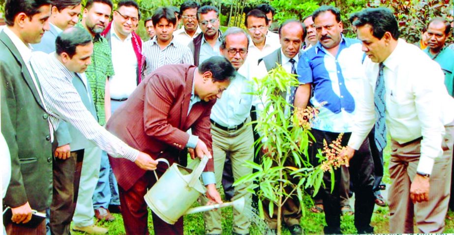 Md Mizanur Rahman, Director (Comm) of Bangladesh Ishpat O Procoushal Corporation, planting a sapling at National Tubes Limited premises, Tongi, Gazipur when he was visiting the industry on Sunday.