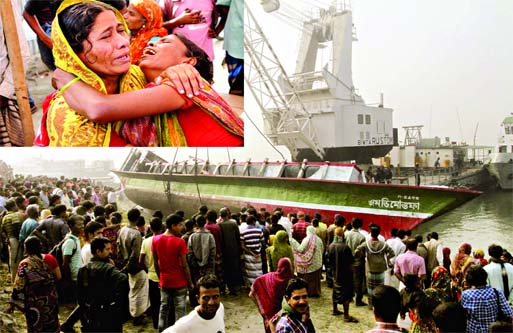 Sunken launch MV Mostafa was salvaged by Rustom at Padma River on Monday. Relatives of their victims wailing after the recovery of bodies.