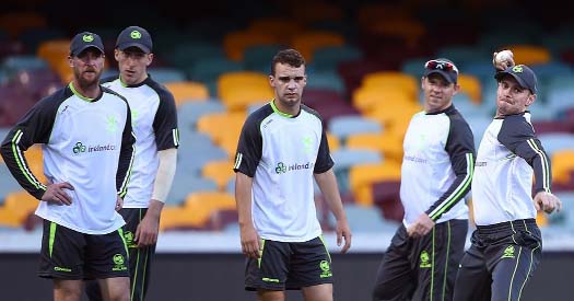 Ireland's (L-R) John Mooney, Peter Chase, Andrew Balbirnie and Niall O'Brien watch captain William Porterfield throw the ball during a training session ahead of their 2015 Cricket World Cup Pool B match against the United Arab Emirates (UAE) at the Gab