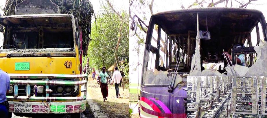 Pro-hartal activists torched a banana-laden truck and a passenger bus on Joypurhat-Bogra highway at Matirghar area on Tuesday.