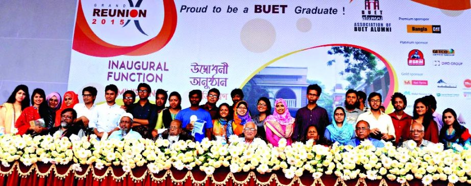 Teachers, students and guests pose for photograph at the inauguration ceremony of the grand reunion of students of BUET at its auditorium on Friday.
