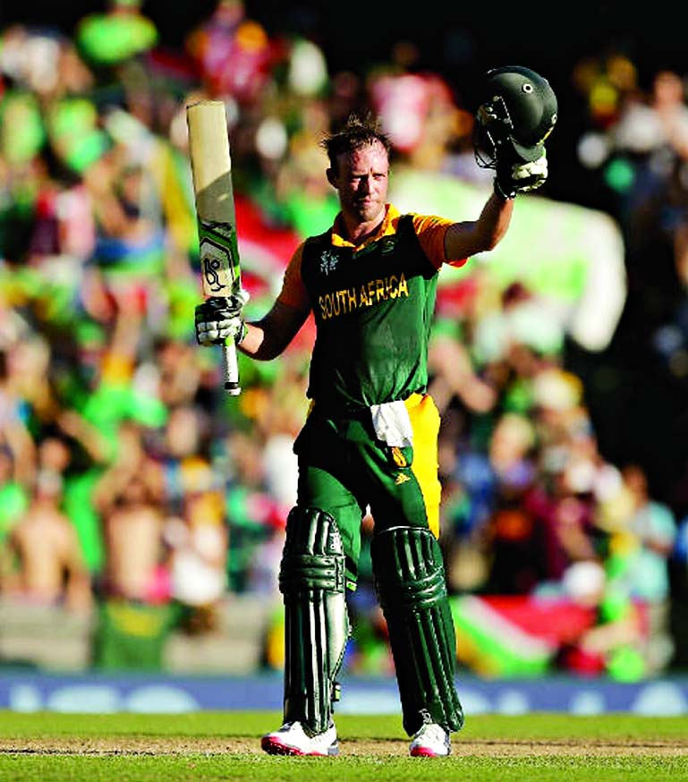 AB de Villiers of South Africa celebrates his century against West Indies during their Pool B match of the ICC World Cup Cricket at Sydney in Australia on Friday.