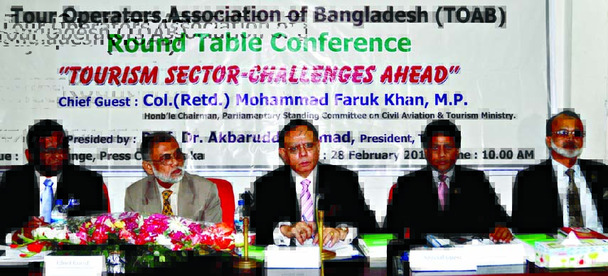 President of Tour Operators Association of Bangladesh (TOAB) Prof Dr Akbar Uddin Ahmed, among others, at a discussion on 'Tourism Sector-Challenges Ahead' organised by TOAB at the Jatiya Press Club on Saturday.