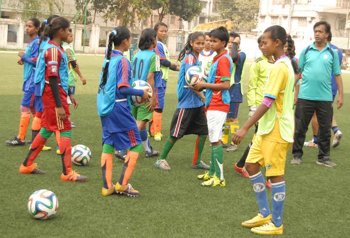 Members of Bangladesh Under-14 Women's Football team during their practice session at the BFF Artificial Turf on Saturday.