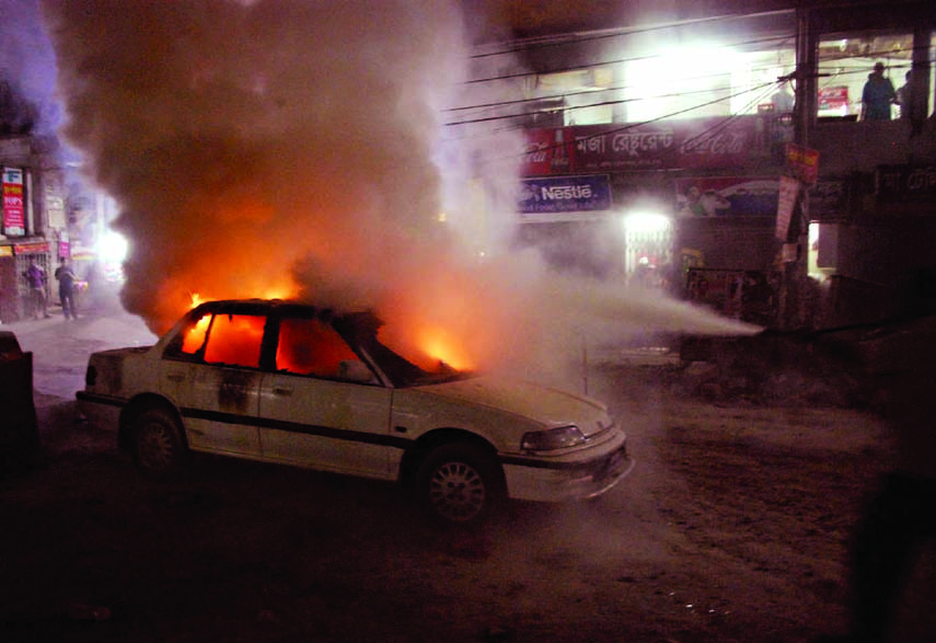 Miscreants torched a private car in city's Mouchak Market area on Saturday on the eve of fresh 72-hr hartal enforced by 20-party beginning today.