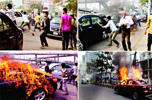 Pro-hartal activists vandalizing cars in Gulshan and Hatirjheel areas (top) and torching vehicles at Bijoy Nagar and Badda on Monday.