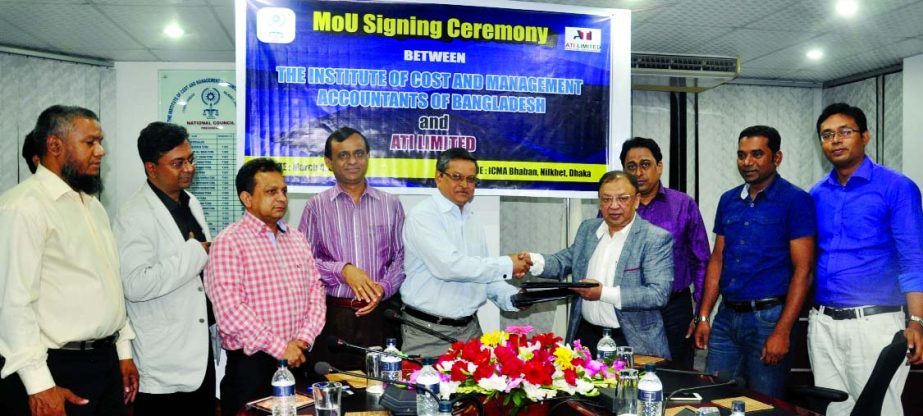 Abu Sayed Md Shaykhul Islam, FCMA, President of the Institute of Cost and Management Accountants of Bangladesh and Shaikh Abu Reza, Executive Director of ATI Limited, sign a Memorandum of Understanding at ICMAB Bhaban on Wednesday for technical and strate