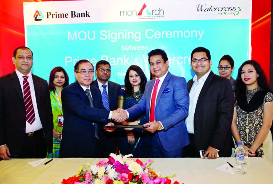 Habibur Rahman, Deputy Managing Director of Prime Bank and Sheikh Aftab Ahmed, Managing Director of Watercress Restaurant, sign a Memorandum of Understanding at the bank's lounge at Tejgaon in the city recently. Under the MoU Premium Banking customers (M