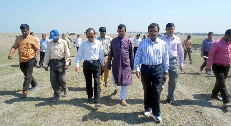 Executive Chairman of Economic Zone Paban Chowdhury visiting proposed economic zone at Pirer Char in Mirsarai in Chittagong yesterday.