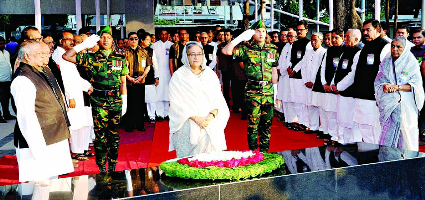 Prime Minister Sheikh Hasina places floral wreaths at the portrait of Father of the Nation Bangabandhu Sheikh Mujubur Rahman on Saturday marking historic 7th March.PID photo