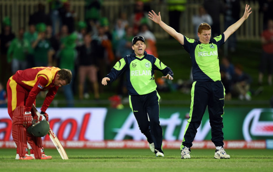 Kevin O'Brien has his hands aloft after having Sean Williams dismissed during the World Cup 2015, Group B between Ireland and Zimbabwe at Hobart on Saturday.