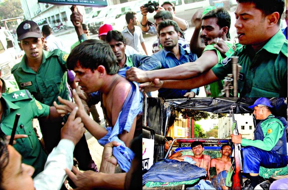 Two suspected bomb throwers being taken to Shahbagh Thana after they suffered mob beating near Education Directorate in city. One of suspected bomb throwers (inset) being beaten on Saturday.