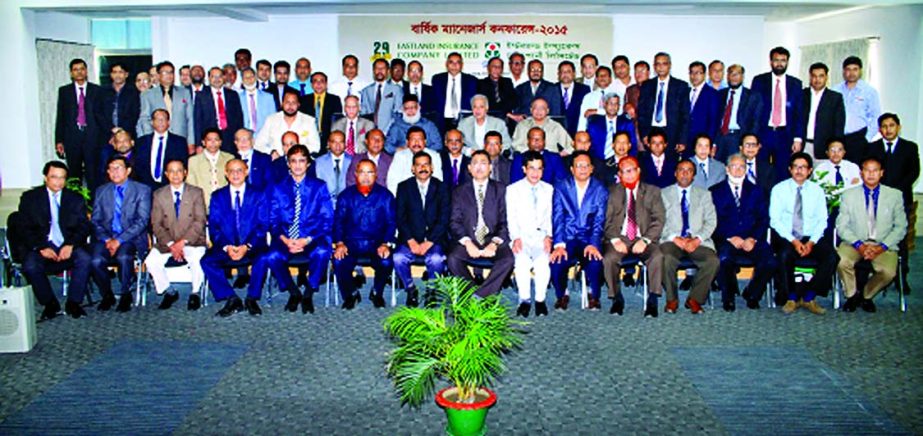 Mahbubur Rahman, Chairman of Eastland Insurance Co Ltd, poses with the participants of company's 'Annual Conference- 2015' at BRAC-CDM auditorium in Savar on Saturday.