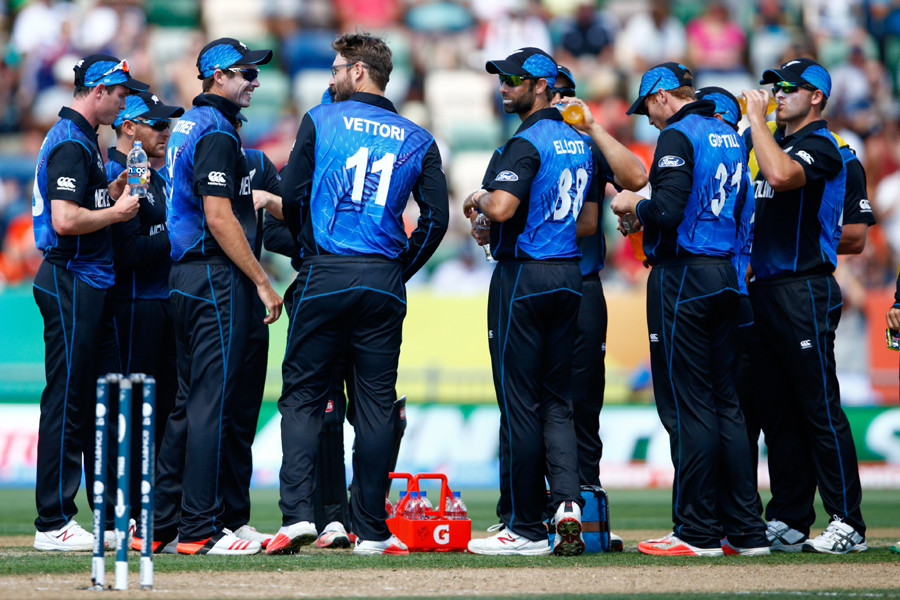 Players of New Zealand take a break during the World Cup 2015, Group A match against Afghanistan at Napier on Sunday.