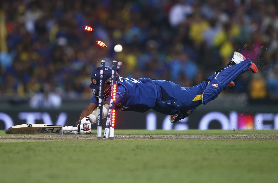 Mahela Jayawardene was run out after scoring 19 during the World Cup 2015, Group A match between Australia and Sri Lanka in Sydney on Sunday.
