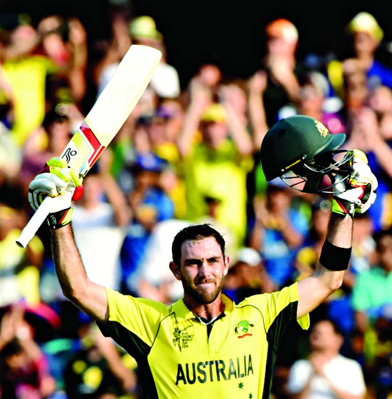 Glenn Maxwell acknowledges the crowd after scoring a ton, during the World Cup 2015, Group A match between Australia and Sri Lanka in Sydney on Sunday.