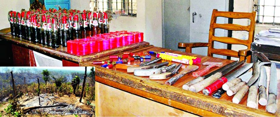 Chittagong police recovered huge explosives, petrol bombs, firearms and locally made weapons busting a hideout of Islami Chhatra Shibir at remote Nunachhara hill under Sitakunda upazila in Chittagong in the small hours of Sunday. The hideout was later set
