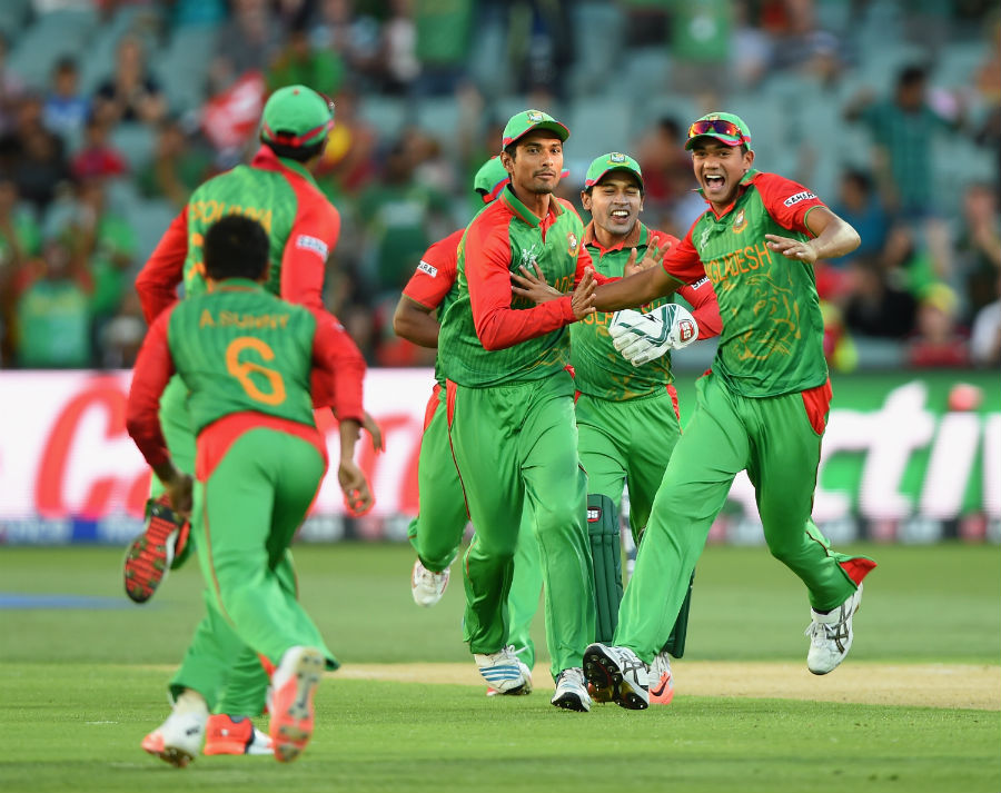 Bangladesh players celebrate after the run out of Moeen Ali during the World Cup 2015, Group A match between Bangladesh and England at Adelaide on Monday.