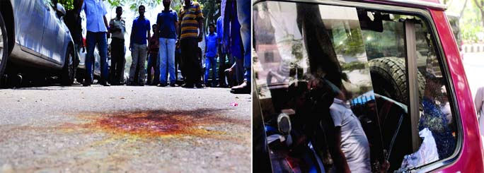 Several crude bombs were blasted near Bidyut Bhaban in the city (left) during a clash between ruling party AL fronts over grabbing a tender of Dhaka Power Distribution Company on Tuesday. The windows of official car of Additional Secretary of Power Divisi