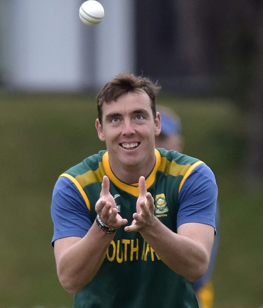 Kyle Abbott of South Africa takes a catch during a training session ahead of the 2015 Cricket World Cup Pool B match against UAE at the Basin Reserve in Wellington on Wednesday.