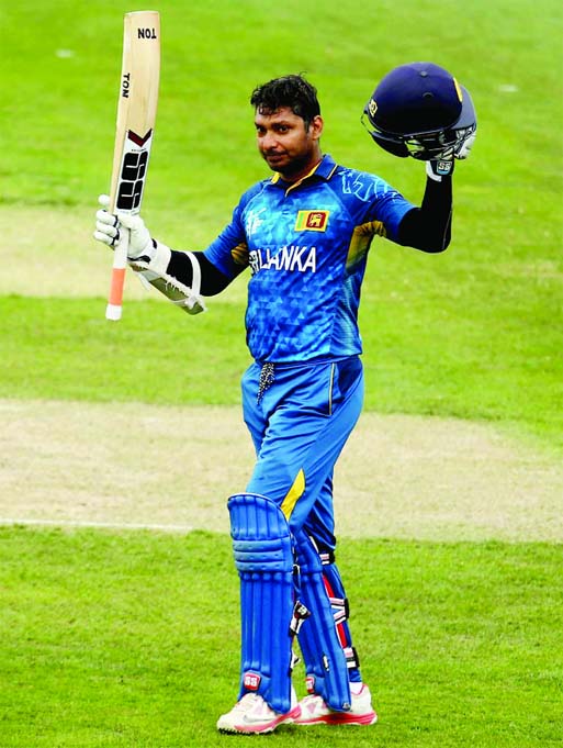 Kumar Sangakkara of Sri Lanka celebrates his century during the Cricket World Cup match against Scotland at Bellerive Oval in Hobart, Australia on Wednesday.