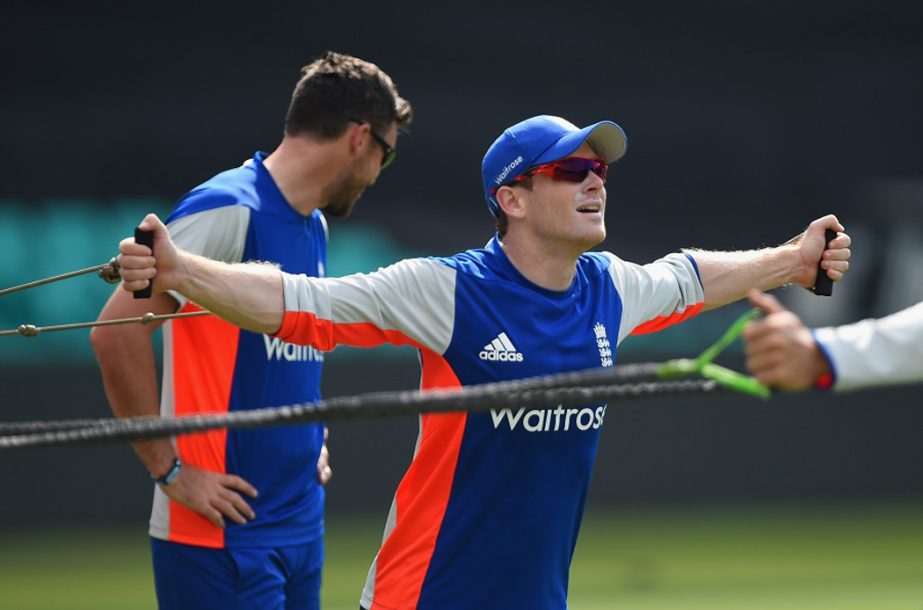 Eoin Morgan stretches out during an England nets session at Sydney Cricket Ground on Wednesday in Sydney, Australia. England play with World Cup Pool A match against Afghanistan today (Friday).