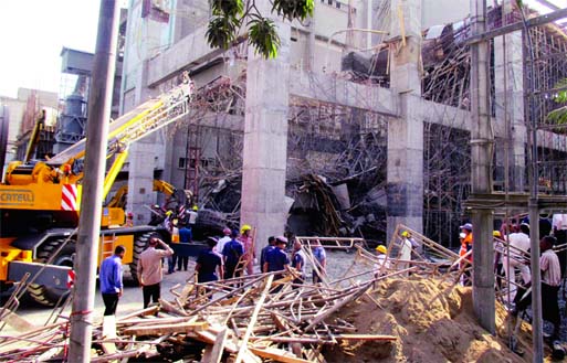 At least six workers were killed and many others feared trapped under the debris when roof of an under-construction cement factory of Sena Kalyan Sangstha collapsed at Mongla in Bagerhat district on Thursday. FNS Photo