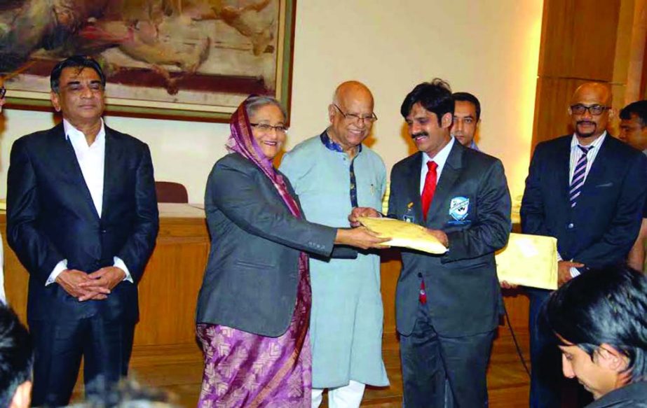 Prime Minister Sheikh Hasina accords a reception to the members of Bangladesh National Football team at the Gono Bhaban on Thursday. Bangladesh became the runners-up of the recently concluded Bangabandhu Gold Cup International Football Tournament.