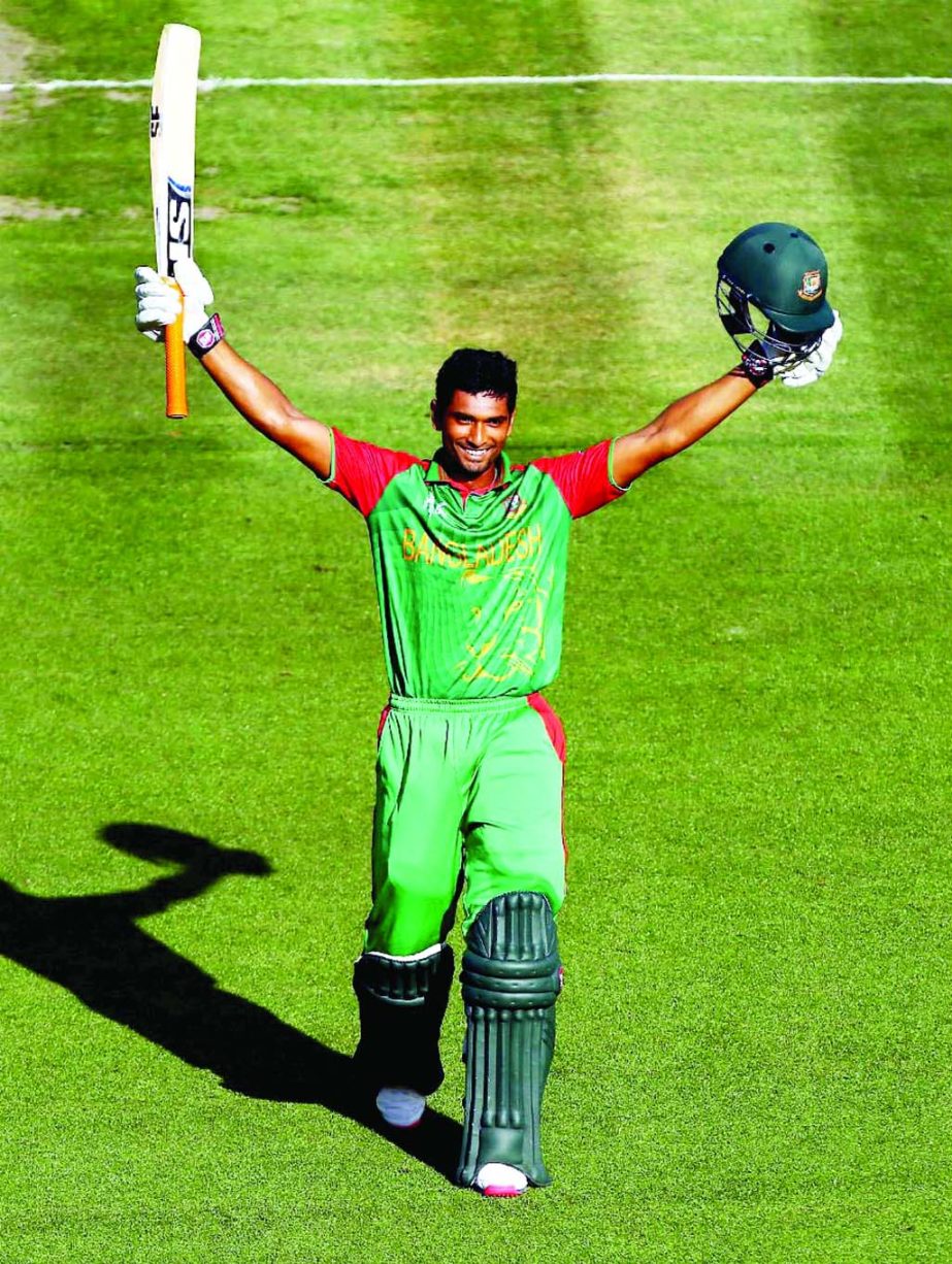 Mahmudullah Riyad celebrates after scoring a century against New Zealand during their Cricket World Cup Pool A match in Hamilton, New Zealand on Friday.