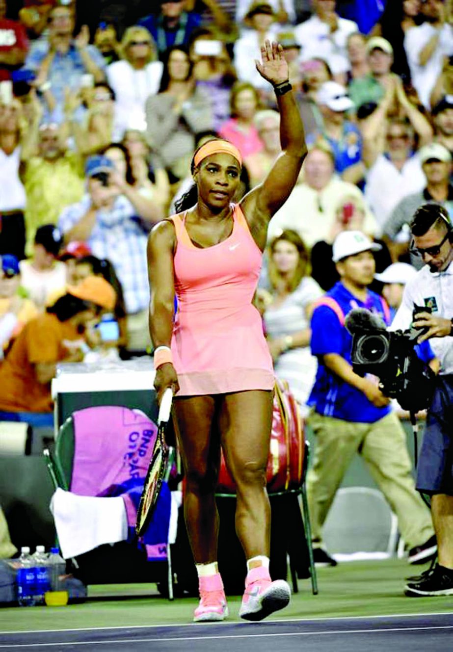 Serena Williams of the US acknowledges the crowd after her second round match against Monica Niculescu of Romania at the BNP Paribas Open tennis tournament in Indian Wells, California, USA on Friday.