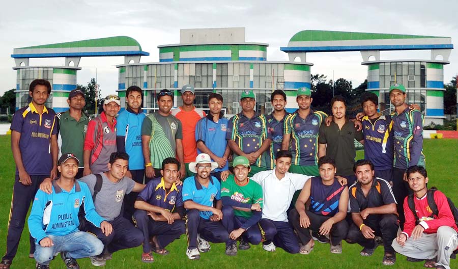 Members of Daffodil International University (DIU) Cricket team pose for a photograph after beating Public Administration Department of DU in the Friendly T20 match at the DIU Permanent Campus Cricket ground on Friday.