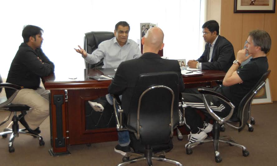 President of Bangladesh Football Federation (BFF) Kazi Salahuddin, the other BFF officials, Head Coach of BFF Lodewijk de Kruif and the newly appointed Goalkeeper Coach of Bangladesh Under-23 Football team Christian Schweichler are seen with conversation