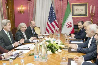 US Secretary of State John Kerry (L) holds a meeting with Iran's Foreign Minister Javad Zarif Â® over Iran's nuclear program in Lausanne on Tuesday.