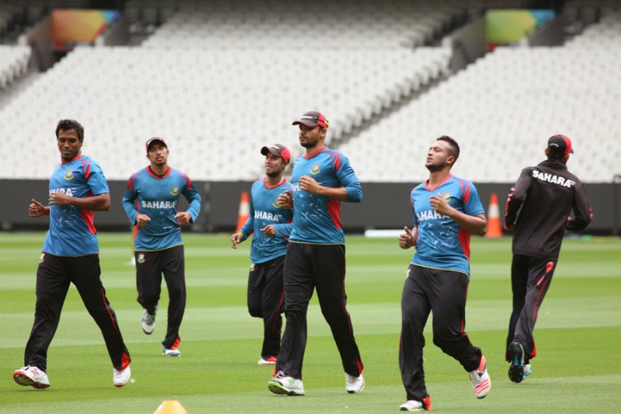 The Bangladesh players train ahead of their quarter-final at Melbourne on Monday. Bangladesh play with India in second quarter-final match at Melbourne tomorrow (Thursday).