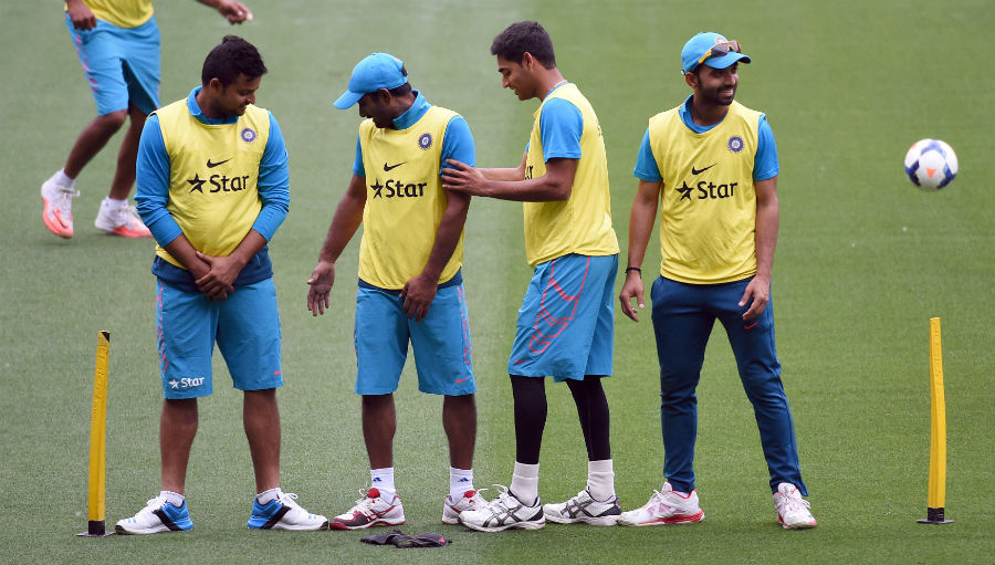 The Indian players form a wall during a game of football at Melbourne on Tuesday.