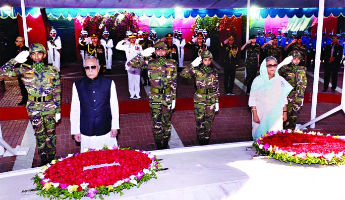 President Abdul Hamid and Prime Minister Sheikh Hasina placed wreaths at the Mazar of Bangabandhu Sheikh Mujibur Rahman in Tungipara on the occasion of his 95th birth anniversary on Tuesday. PID photo