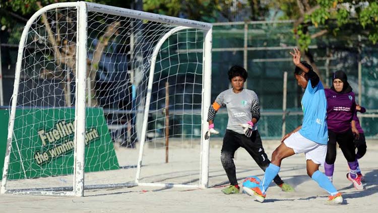 Sabina Khatun of Maldives Police in action against Ministry of Environment and Energy during the match of Maldives Football Fiesta in Maldives on Wednesday. Sabina is the first Bangladeshi woman, who played for a foreign team in a foreign football competi