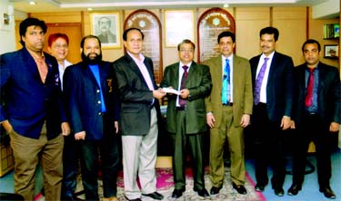 Managing Director of South Bangla Agriculture & Commerce Bank Limited Md Rafiqul Islam handing over the cheque of Tk eight lakh to the President of Bangladesh Table Tennis Federation Md Abdul Karim in the city recently.