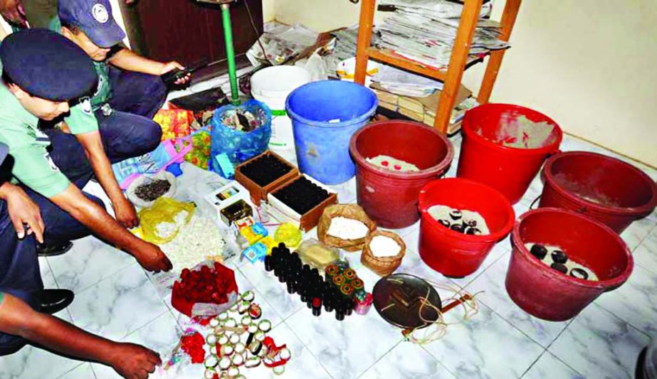 Joint forces on information raided a Jubo Dal leader's residence and recovered huge bomb-making materials in city's Lalbagh area on Wednesday.