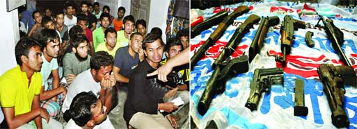 Police arrested 82 Shibirmen from two colleges of Chittagong raiding students' hostels on Wednesday [left]. Huge arms and ammunition were also recovered from Suhrawardy Hall of Chittagong Government College [right].