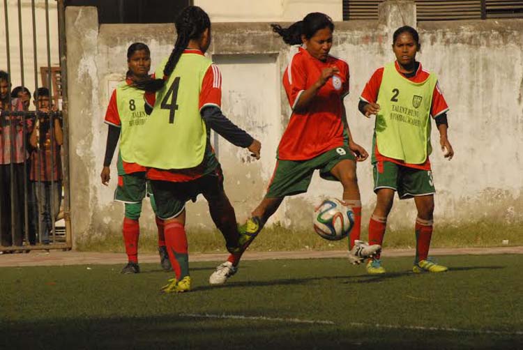 Members of Bangladesh Under-14 Girls' team during their practice session at the BFF Artificial Turf on Thursday.