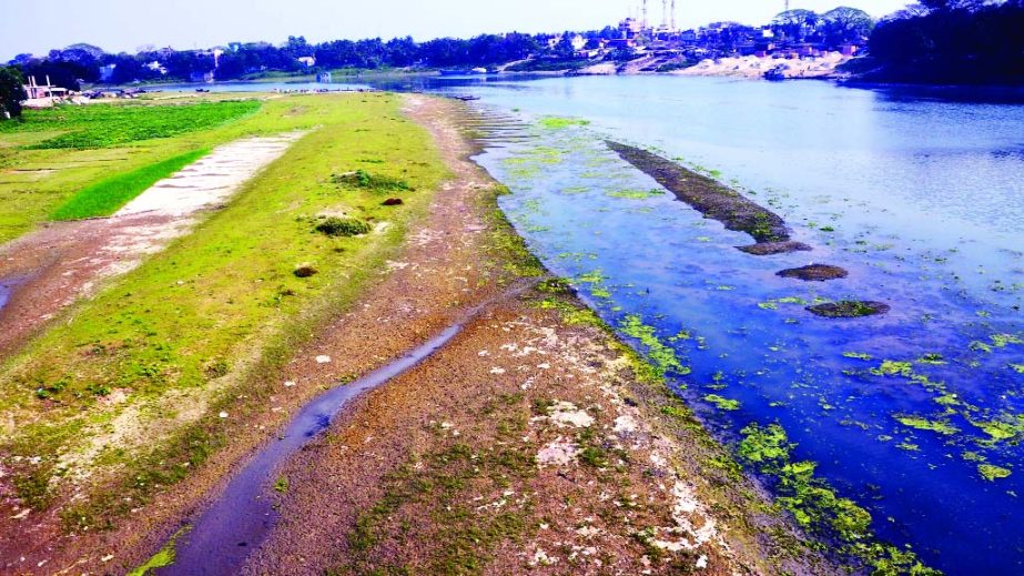 The River Sitalakkhya looks almost dead at Kapasia in Gazipur district as shoals emerge in the river bed above the water. This photo was taken on Thursday.