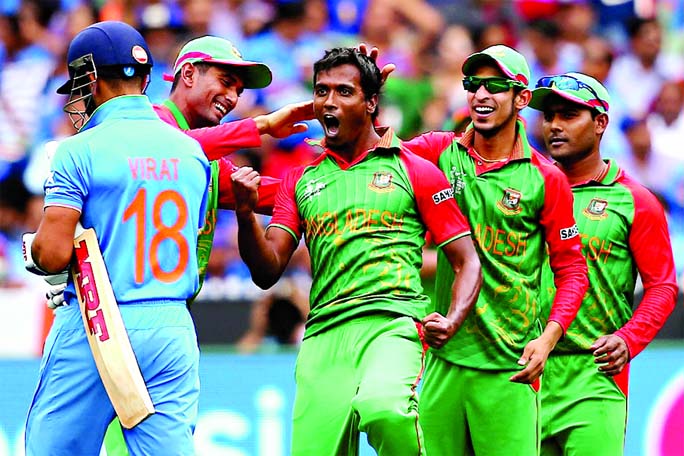 Rubel Hossain gives Virat Kohli a send-off during the ICC Cricket World Cup match between India and Bangladesh at Melbourne Cricket Ground in Australia on Thursday.