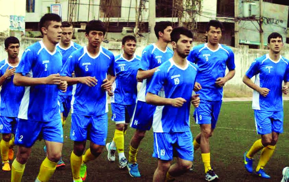 Members of Uzbekistan Under-23 Football team during their practice session at the BFF Artificial Turf on Friday.