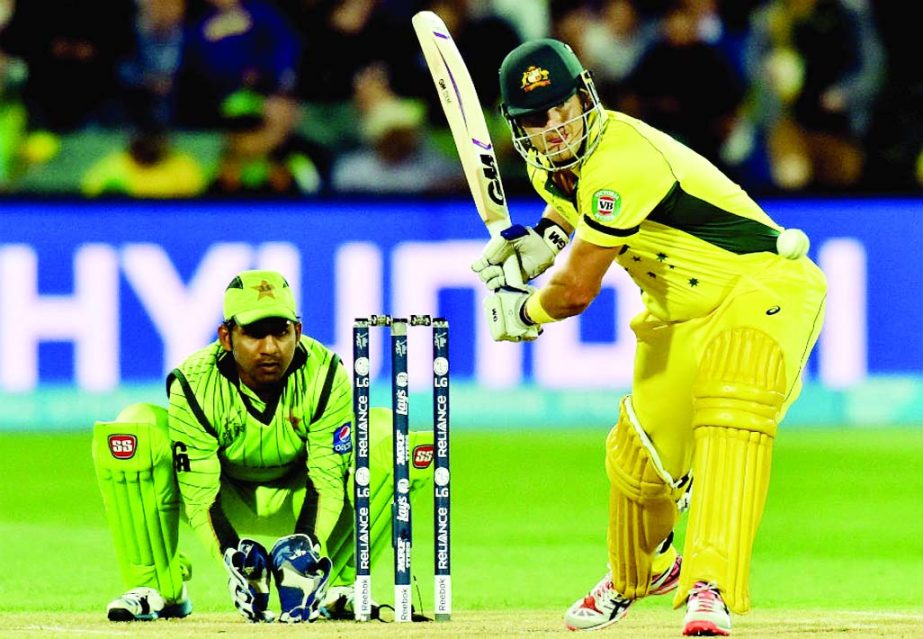 Shane Watson lines up to hit the ball during the World Cup 2015, 3rd quarter-final match between Australia and Pakistan at Adelaide on Friday.
